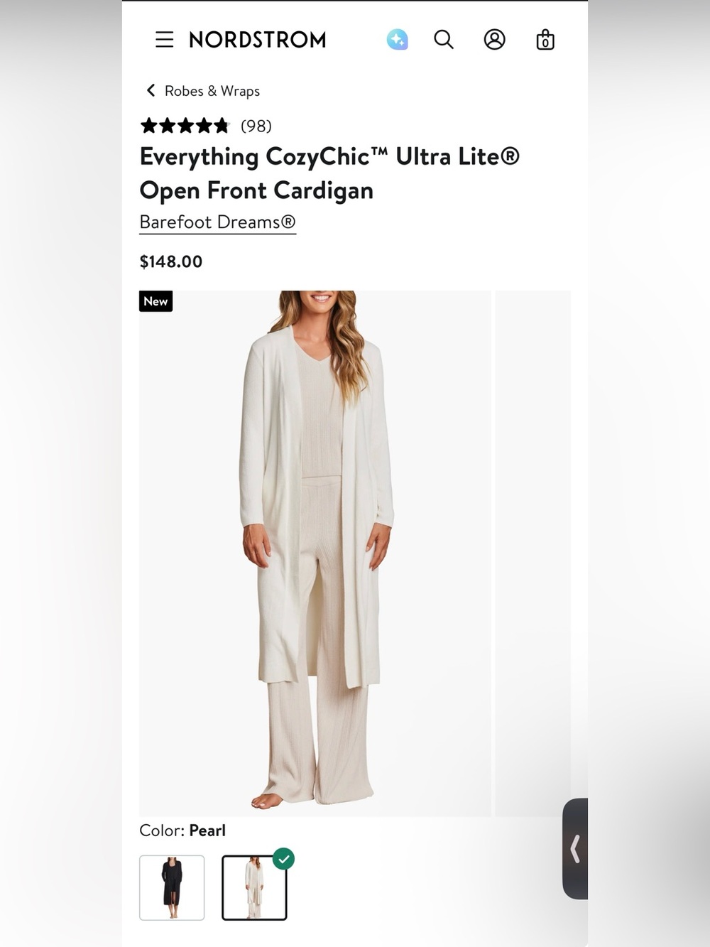 Barefoot Dreams Everything CozyChic Ultra lite Open-Front Cardigan in Pearl SZ M